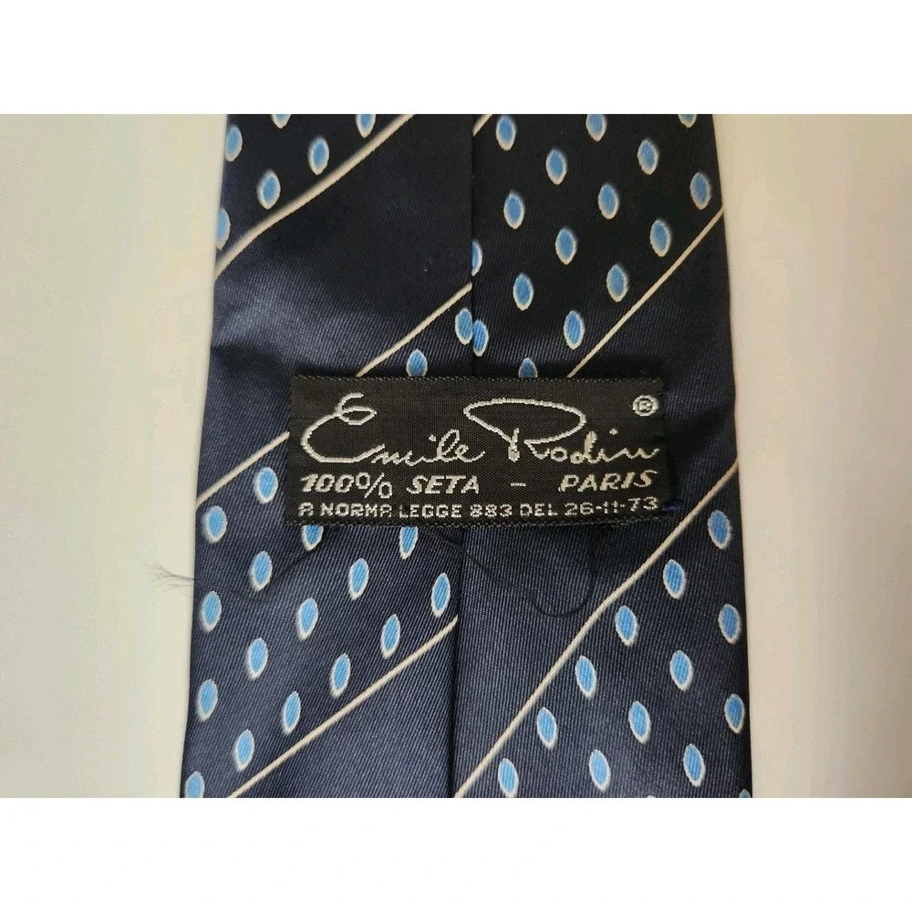 Rare Vintage Emile Rodin 100% Silk Made In Paris Dark & Light Blue Ovals Striped